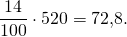 \[\frac{14}{100}\cdot 520 = 72{,}8.\]